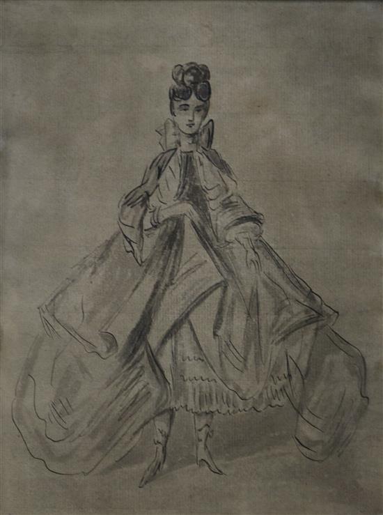 Circle of Constantin Guys (1802-92), pen and ink and wash, study of a lady in a cloak, 22.5 x 17cm